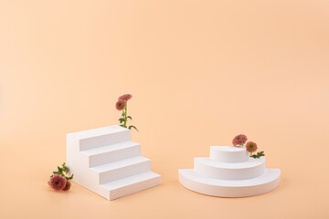 Empty modern white geometric stair steps, product display. Simple staircase for cosmetic podium.