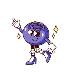 Groovy blueberry cartoon character dancing disco dance. Funny blue berry fruit on retro party. Discotheque mascot, cartoon cute blueberry in girls shoes sticker of 70s 80s style vector illustration