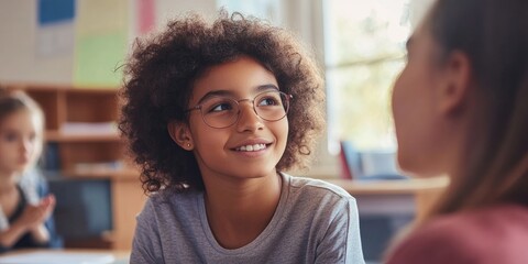 Teacher assisting a student with a task, close-up on focused interaction, warm classroom setting highlights the supportive nature of education