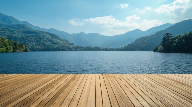 Serene lake vista from wooden deck with lush green mountains under a clear blue sky offering a tranquil scenic view for travel and relaxation - Powered by Adobe