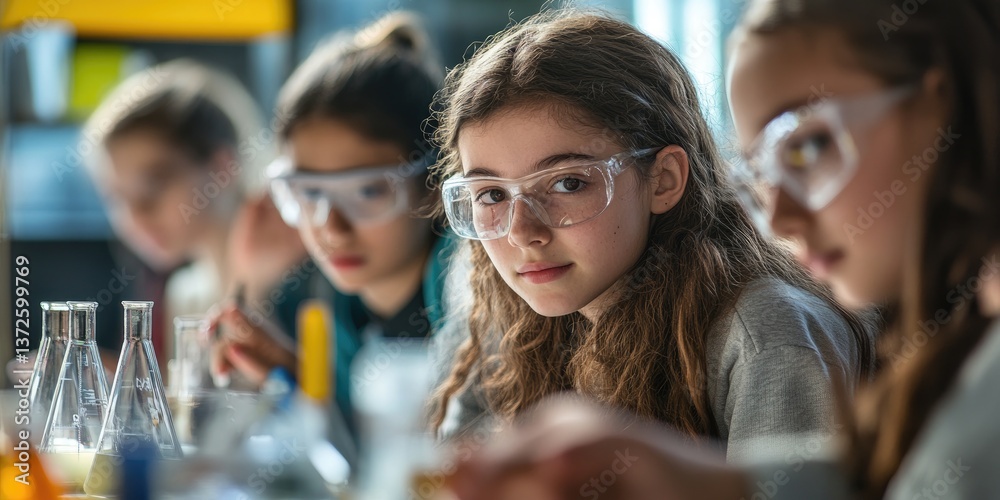 Aufkleber students engaged in a science experiment, close-up on focused hands and lab equipment, bright classr