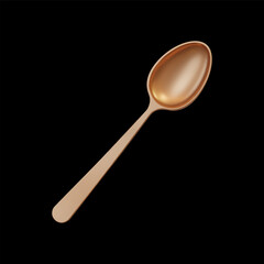 3d realistic gold metal spoon isolated on black background. Vector illustration. Shiny golden spoon.
