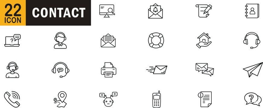 Contact editable outline icon set. Communication, phone-call, email, chat-support, address-book and more.