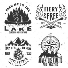 Set of outdoor adventure sticker. Vector. Vintage typography design with forest pine tree, matches box, matches stick, moose in canoe, lake and mountain silhouette