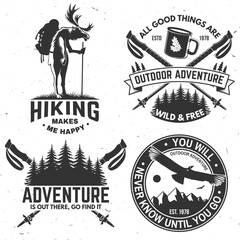 Fototapeta premium Set of outdoor adventure sticker. Vector. Vintage design with pin forest, hiking moose and backpack, coffee or tea mug, hiking poles, and mountain silhouette.