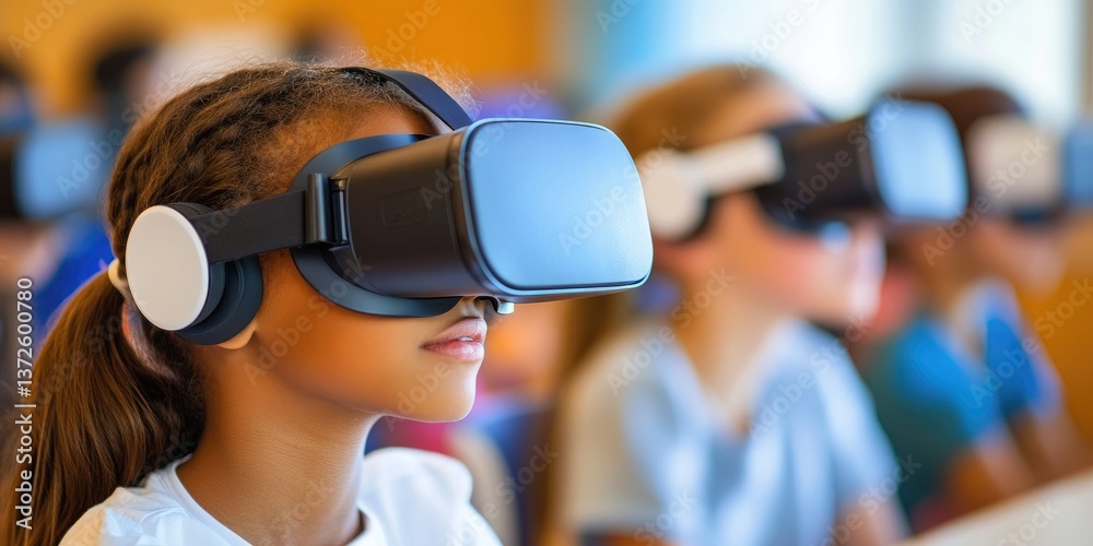 Aufkleber virtual reality goggles in a classroom, focus on tech and curious expression, bright setting captures the immersive nature of educational technology