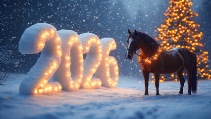 Festive horse with glowing 2026 snow numbers in snowy winter landscape.