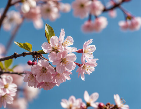 Spring flowers background in peach fuzz color. Blooming apple tree. Soft focus, springtime blossom freshness.
