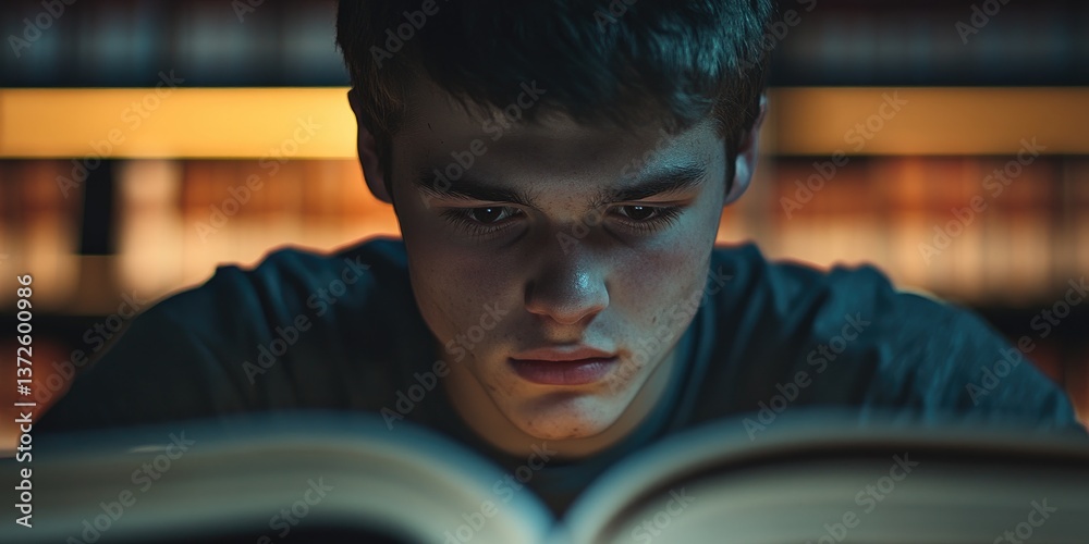 Poster student studying in a library, close-up on focused face and open book, soft lighting reflects the ca