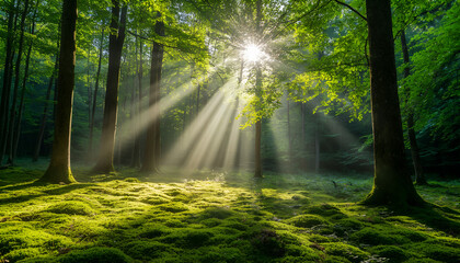 Sunlight Filtering Through Green Forest Canopy Illuminating Mossy Ground