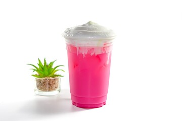 Ready for drink with ice milk pink serving on sack in white background.