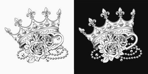 Black and white composition with crown, heart, bouquet with roses, pearl necklace. Luxury kitsch design. Detailed composition in vintage style.