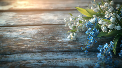A bouquet of white lily of the valley and small blue flowers is placed on weathered wooden planks, illuminated by a soft light from the upper left.