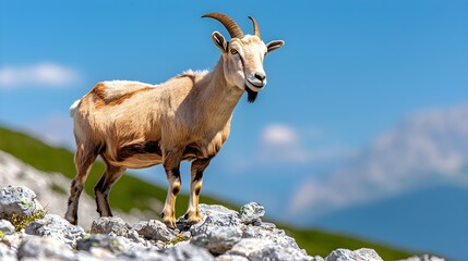 Fototapeta premium Mountain goat standing on rocky terrain alpine environment wildlife photography scenic view