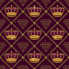 Diagonal cross line square grid pattern with big imperial golden crown, diamonds, jewelry chains. Seamless background. Vintage style.