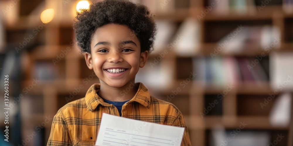 Poster student proudly displaying a report card, close-up on high grades and happy expression, soft lightin