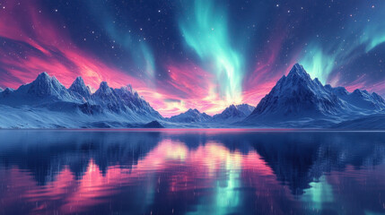 Aurora Borealis Over Tranquil Polar Night Lake Surrounded by Snowy Mountains