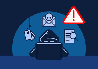 Hacker attack warning or hacking alert simplified vector illustration. Cyber criminal behind laptop computer surrounded by cybercrime icons.