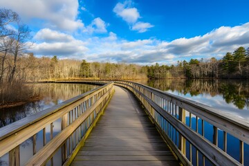 Wooden boardwalk curving across calm lake. Bright, cloudy blue sky above