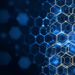 Abstract background with glowing blue and gold hexagonal patterns, creating a sense of depth and connection. The image features a dark blue background and light effects.