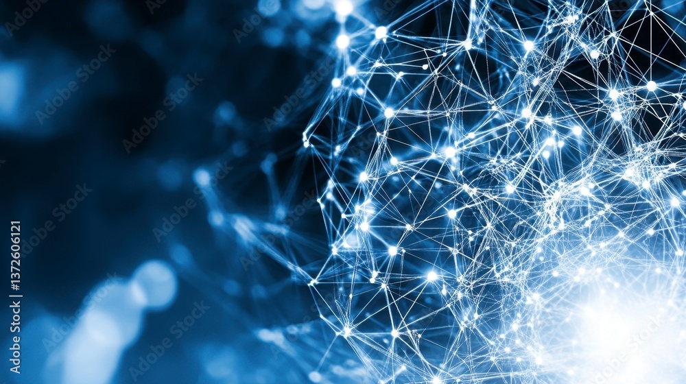 Poster abstract image of a network, showing connections between nodes. blue and white color scheme with bok