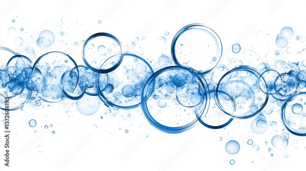 Poster abstract image of blue circles and bubbles on a white background. the circles vary in size and opaci