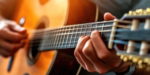 Obraz premium hands strumming a guitar, warm indoor lighting and focused expression capture the joy of personal hobbies