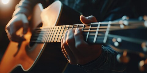 Fototapeta premium hands strumming a guitar, warm indoor lighting and focused expression capture the joy of personal hobbies
