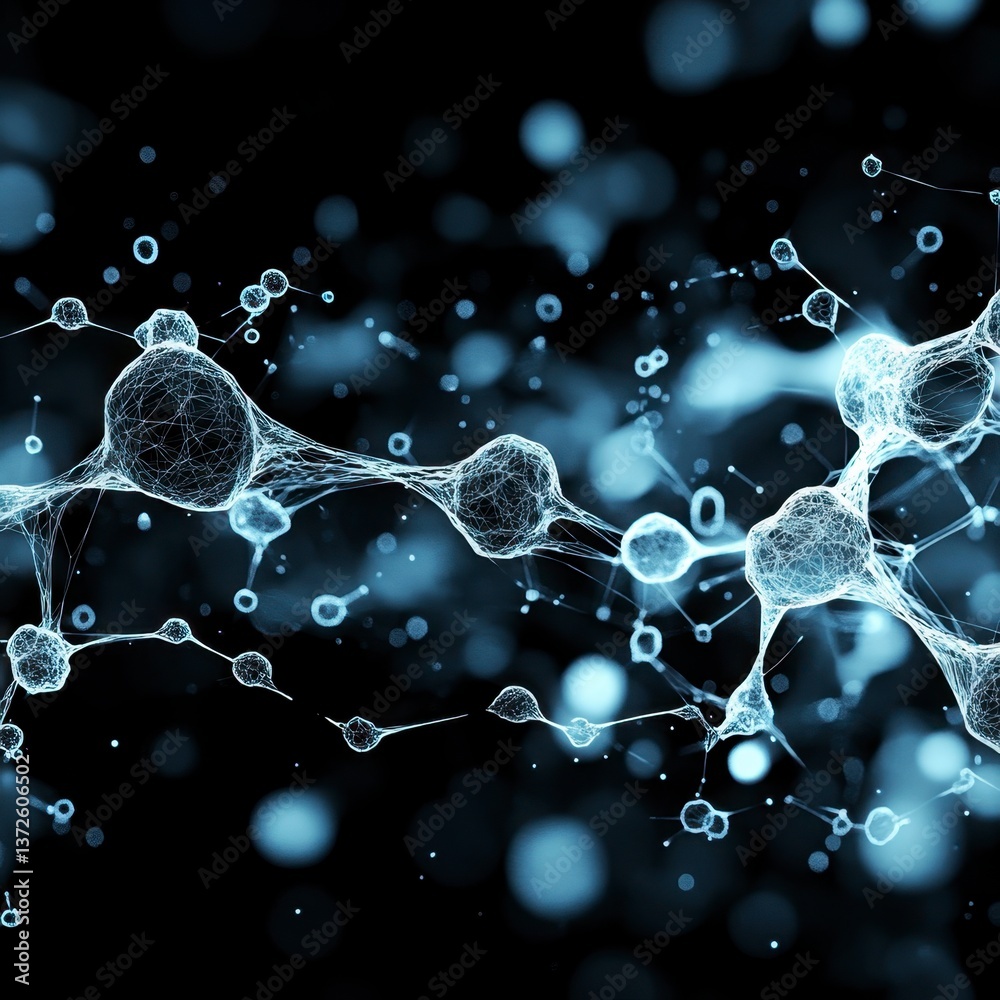 Poster abstract representation of interconnected nodes forming a network, glowing with cool blue light agai