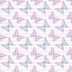 Seamless pattern with hand drawn colorful watercolor butterflies on light pink stripes. Perfect for textile, wrapping paper, fabric, backdrop, wall hanging, scrapbooking, home decoration, bedding