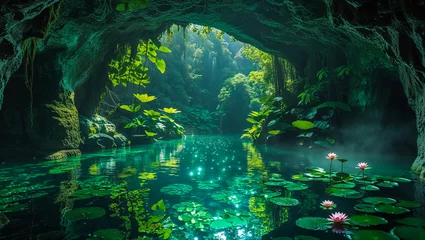 Poster Monde féerique A hidden enchanted grotto unveils a tranquil lagoon where pink water lilies bloom serenely, bathed in soft, ethereal light filtering through the cave's opening.  © Graphics_Bazaar