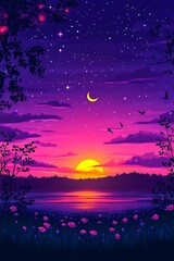 Colorful sunset over lake, starry night