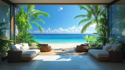 Fototapeta premium Tropical Bliss: Ocean View From Luxury Villa. Perfect For Vacation Vibes And Serene Living.
