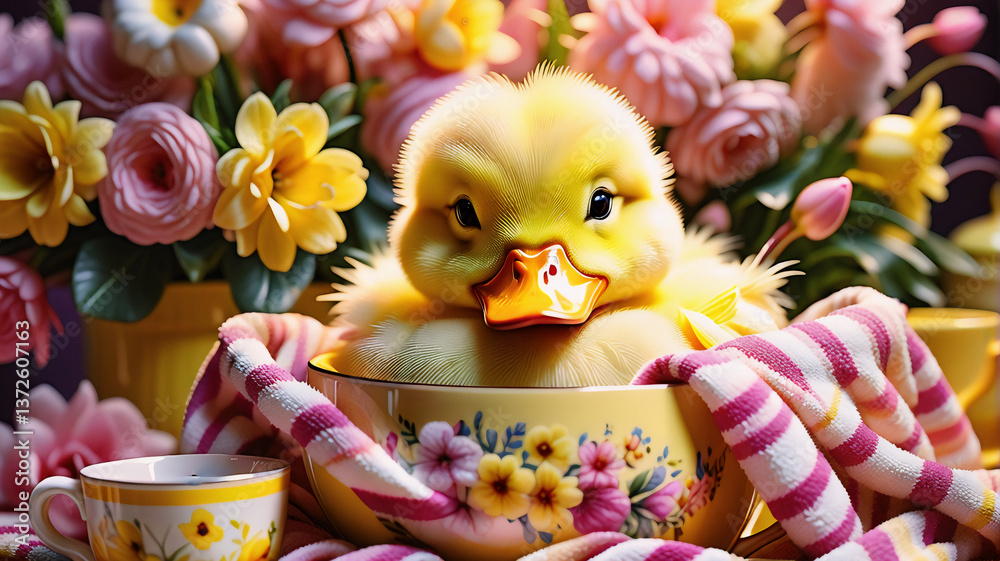 Poster a fluffy yellow duckling nestled in a floral patterned bowl is surrounded by vibrant pink and yellow