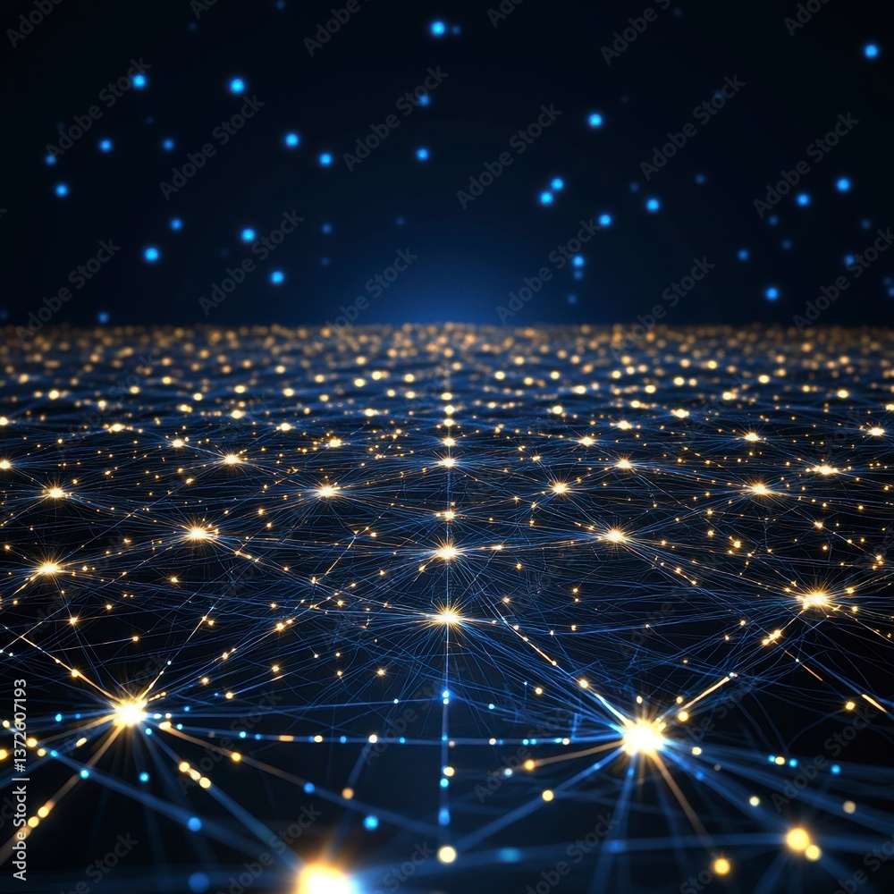 Poster abstract digital network with glowing nodes and connecting lines, dark blue background with sparklin