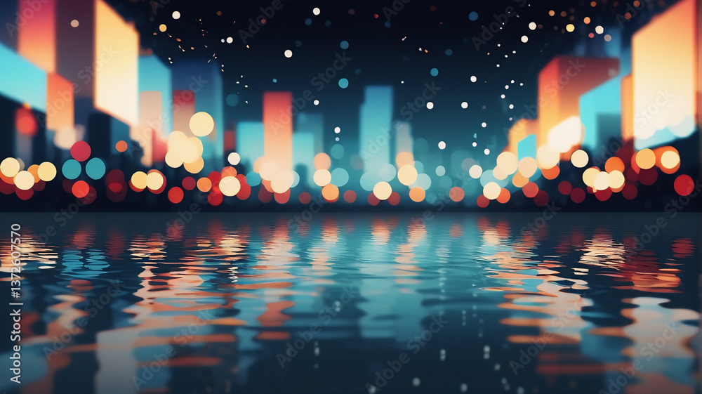 Poster vibrant night cityscape with blurred colorful lights and bokeh effect reflecting on water. abstract 