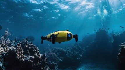 A high tech AI powered autonomous underwater drone, mapping the ocean floor and collecting environmental data with real-time analysis, ocean setting