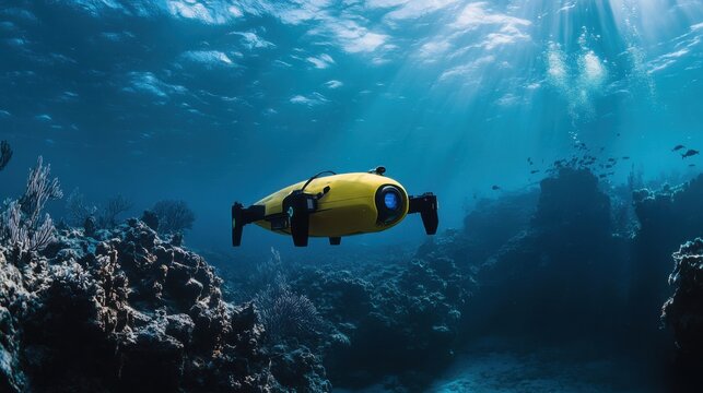 A high tech AI powered autonomous underwater drone, mapping the ocean floor and collecting environmental data with real-time analysis, ocean setting