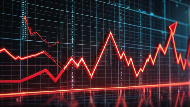Red graph sharply ascends on a dark grid, illustrating a positive trend.  Fluctuations and reflections add depth to the dynamic financial chart.