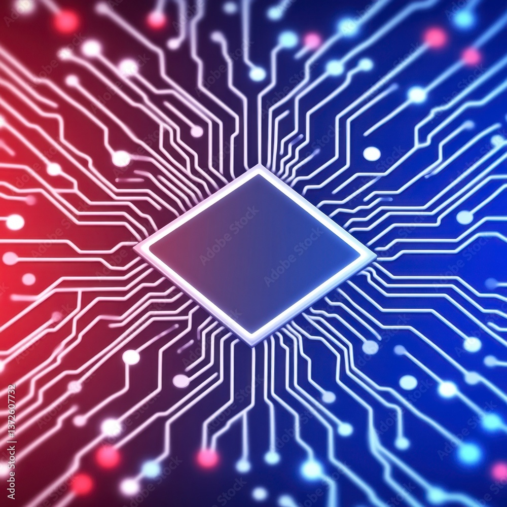 Poster abstract illustration of a computer microchip with glowing blue and red circuit board pathways. cent