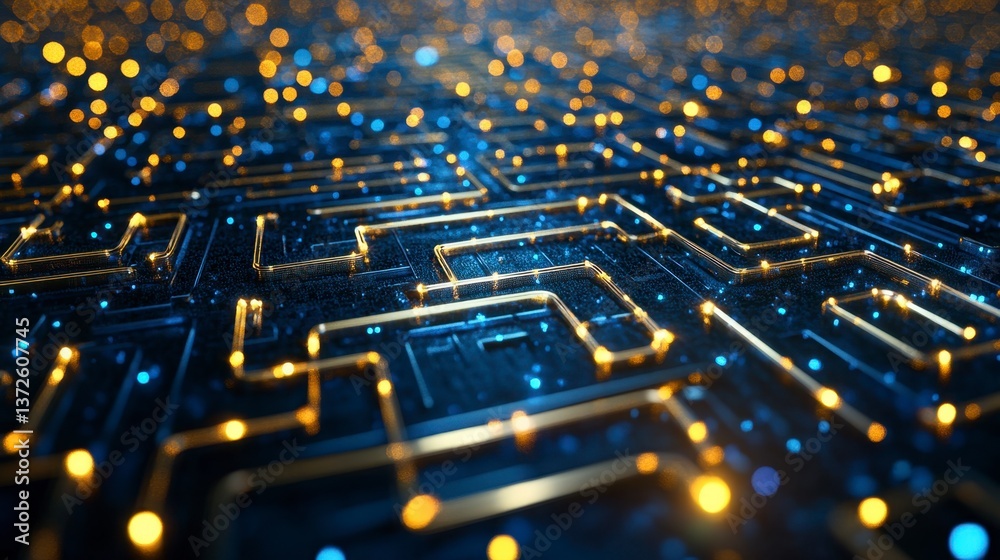 Poster abstract digital background with glowing golden and blue lines forming a complex network pattern. de