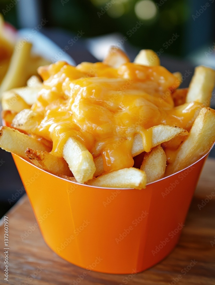 Poster crispy fries topped with golden cheese sauce in an orange container served at a lively diner during 