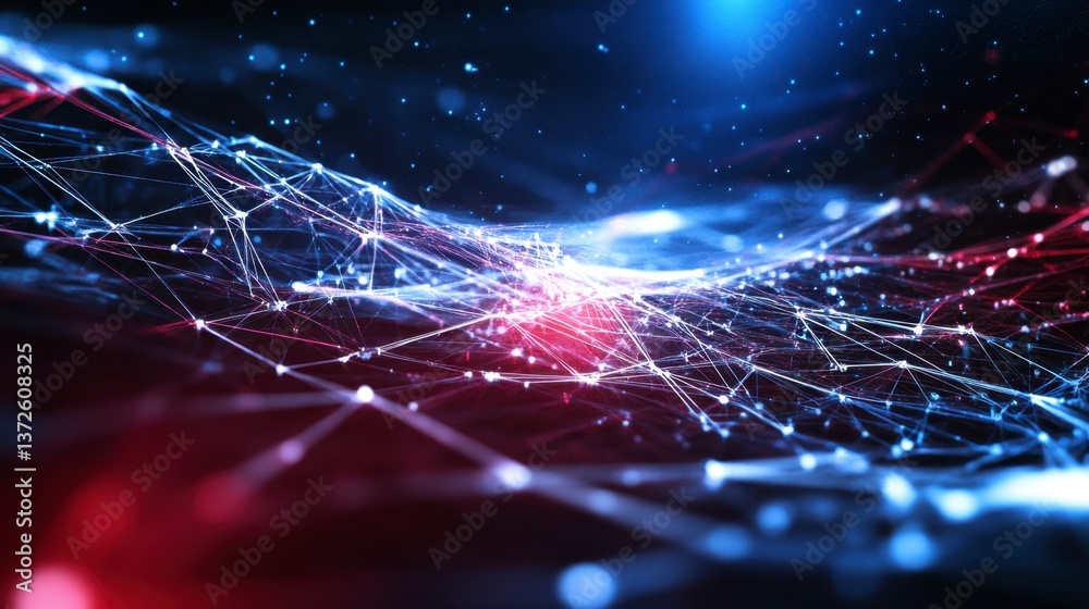 Poster abstract background with a network of interconnected nodes and lines in shades of blue, red, and whi