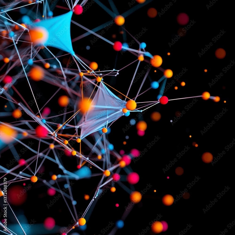 Poster abstract 3d rendering of a complex network structure with interconnected nodes and glowing spheres i