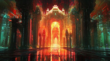 Futuristic temple interior, glowing, vibrant colors, city skyline in background
