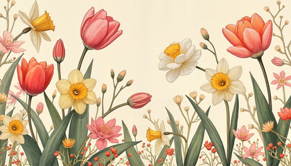 Obraz premium Delicate floral arrangement with tulips and daffodils on a soft background 