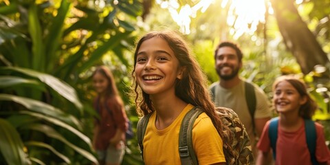 Family exploring a tropical jungle, close-up on excited faces and lush greenery, capturing the thrill and adventure of family exploration