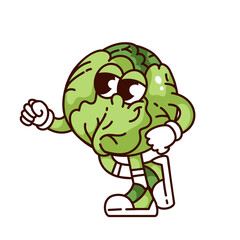 Groovy Brussels sprout cartoon character walking with smile. Funny retro happy green leaf vegetable of summer garden. Food mascot, cartoon Brussel sprout sticker of 70s 80s style vector illustration