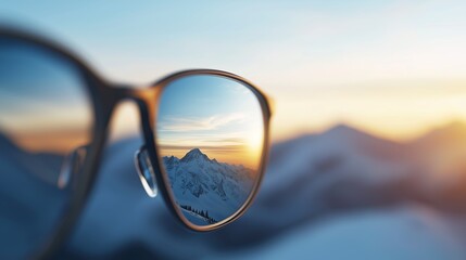 Glasses lenses reflecting an infinite horizon with a stunning mountain sunset