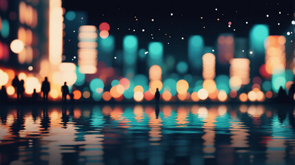 Night cityscape with bokeh lights reflected in water. Silhouettes of people add depth to the blurred urban scene. City lights illuminate the night.